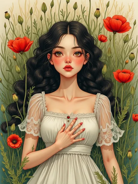 High-quality illustration ren: color watercolor in the style of Gennady Spirin: Planted a seed in the Spring Tatyana (masterpiece, best quality, ultra-detail, 8K), (perfect face, freckles, blush, (perfect slender female body, thick thighs, abs, hourglass f...