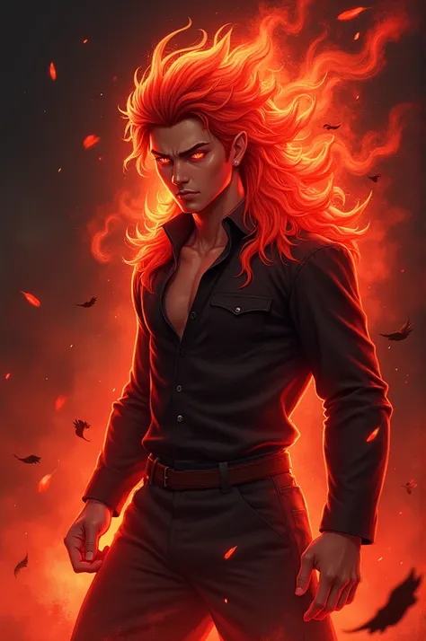 Create an illustration of a 17-year-old male named Theo who has a fiery red lion spirit fused with his soul, make the background black with a reddish aura 