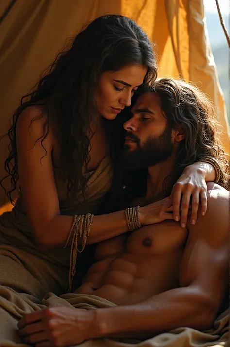 Dalila gently strokes Sansóns long hair as he lies with his head on her lap, his expression peaceful and trusting. Outside the tent, filisteos await her signal. Medium close-up shot. Hyper-realistic, photo realism, cinematography --ar 9:16