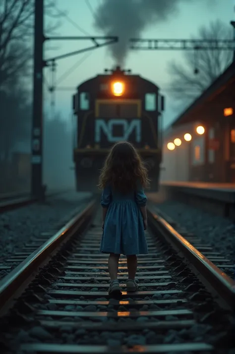 A girl falls onto train tracks as a train rushes by. The scene fades to black with the sound of screeching metal.]
