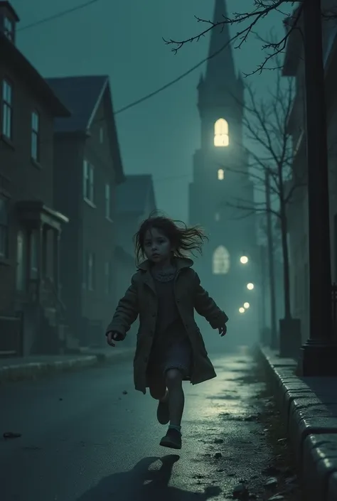 The same girl in the previous image running away from home at night to go to church to steal the figure of the baby Jesus who was dirty and worn out and a button fell off her coat