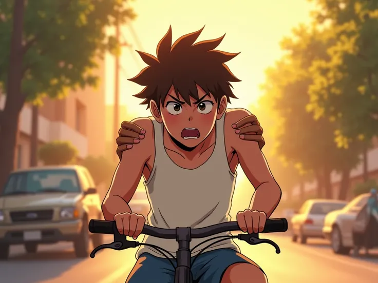 An anime-style illustration in a brightly warmly sunlit street . A  14-y boy, sweaty, with messy brown hair, wearing a snug white tank top, sitting in his cycle, his hands positioned in the handles as he presses on them hard of the cycle and seems to be lo...