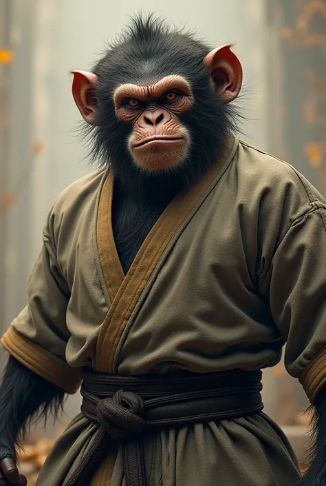 Monkey looking like an angry , scars on my face wearing a judo kimono 
