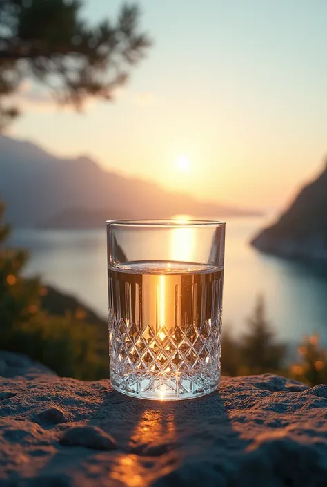 a crystal glass with a sun shining through it, with the sea and mountains in the background, detailed realistic scene, photorealistic, 8k, extremely detailed, vivid colors, natural lighting, cinematic, dramatic, magical, serene, calming, tranquil