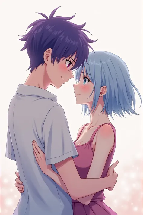 Create an 18 year old anime boy who is called sai with purple hair and red eyes create an 18 year old anime girl who is called Emi with light blue hair and blue eyes whatever they are hugging 