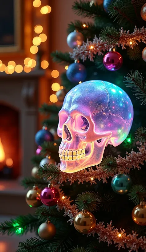 A realistic photograph of a Christmas tree with a large crystal skull placed in its center, glowing softly with embedded rainbow-colored lights. The trees branches and ornaments are carefully arranged to frame the skull, making it the focal point of the de...