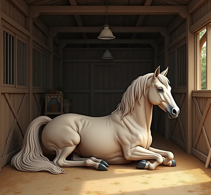  creates an image of a full-bodied horse in a stable, The image is large with the horse on its side 