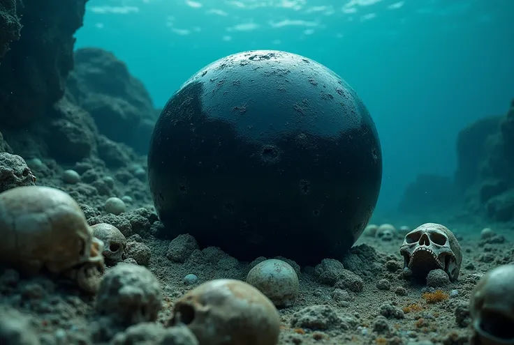 on the seabed a black pearl, black sphere, black pearl, black corals full of skeletal bones and skulls, many bones. more skulls there is a black pearl, black sphere, black pearl, black corals