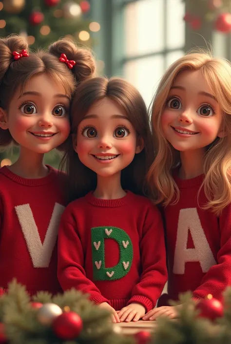 Christmas image of 3 girls  .  The first girl with hair with curlers and a sweater with the letter  " V " .  The second girl with long gay hair wearing a sweater with the letter " D " .  The third girl with long straight hair wearing a sweater with the let...