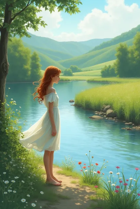 A girl is standing by the river.