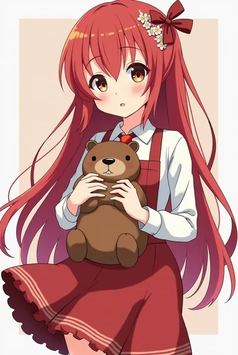 Create a girl with an adorable red skirt with a silly blouse white redhead with light brown eyes with a beaver plush with a beaver plush that has a ribbon with flowers that her hair is tied up and with long anime hair 