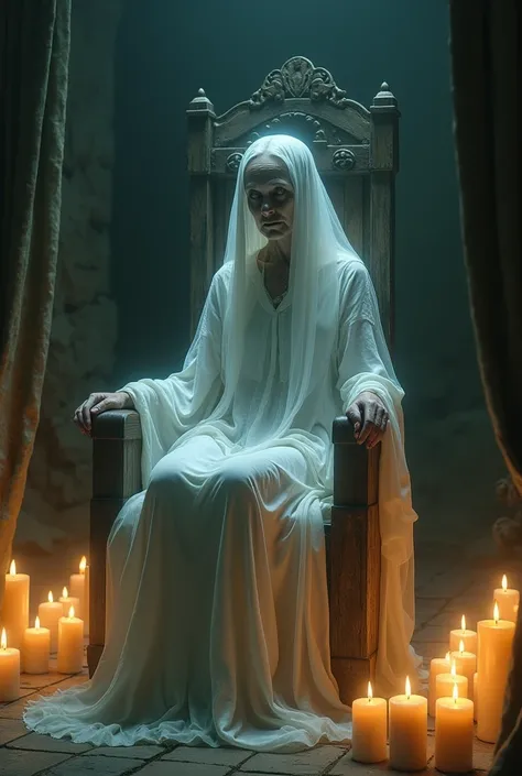 Make a picture of a creepy beautiful old lady again sitting in an old chair and lots of lit candles,  make the woman look like a beautiful ghost , make a picture like reality and real 