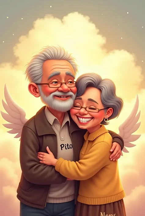 A heartfelt cartoon-style illustration of an elderly couple, Nony and Pito, depicted with love and warmth. Nony has short hair and is smiling brightly, embracing Pito, who has gray hair and is also smiling warmly. Pito is portrayed with angel wings to symb...