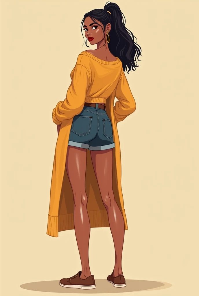 Create a cartoon image of a chola woman wearing long shorts and a long sweater