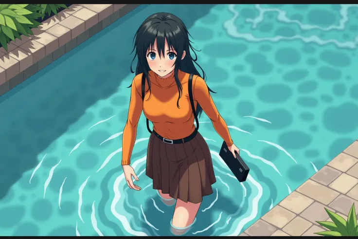 wet clothed momo shiina, realistic, saturated, getting out of swimming pool after falling in. wet clothes, wet and messed up hair, dripping, smiling, wearing shoes, tight orange turtleneck, long brown pleated skirt, thin black belt, black handbag. 