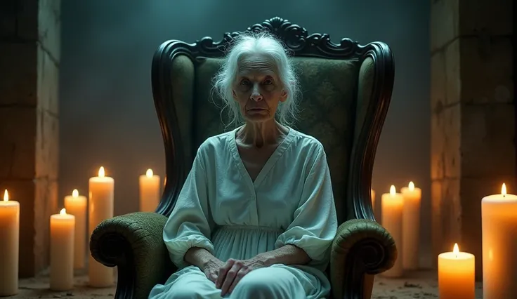  Make a picture of a creepy beautiful old lady sitting in an old chair and lots of candles burning,  make the woman look like a beautiful ghost , make a picture like reality and real 