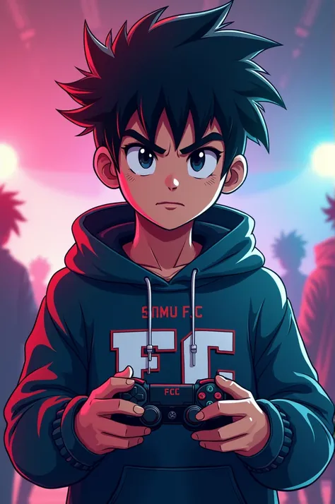  create a mascot logo the mascot is a black-haired teenage gamer with a sweatshirt that says "fc, and below q has the letters "SAMU F .C y q tenga un control 🎮 en la mano