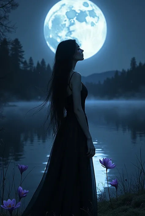 dark landscape, Its night theres a big moon and a black lake . A beautiful woman with long black hair,  dressed in a long flowing black satin dress. she is standing,  with your back to the photo,  Looking at the moon . In her hand, which is down, she holds...