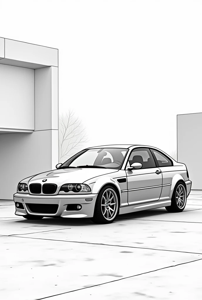 Bmw m3 e46  en un parking en blanco y negro para colorear 