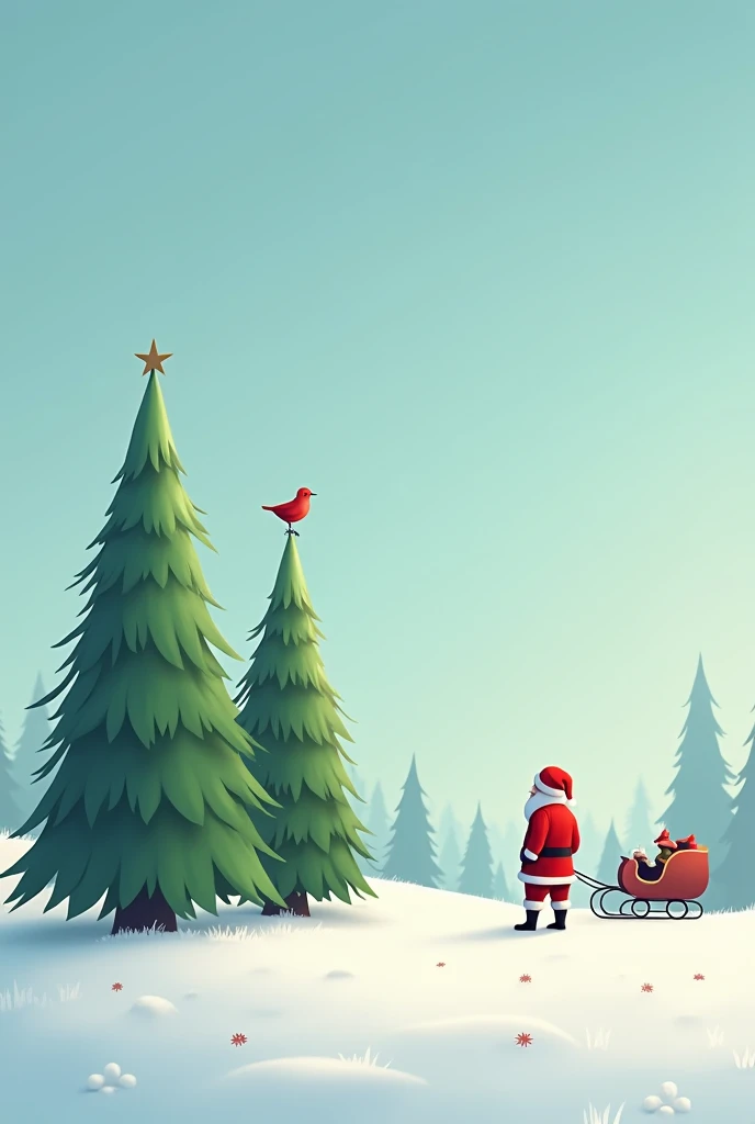  A snowy field on which 3 pine trees stand in ascending order , legelől a legmagasabb legnagyobb,  each is a beautiful green , leghátul a legkisebb legalacsonyabb,  with a bird on it , the last ,  in front of the smallest tree Santa stands in the field wit...