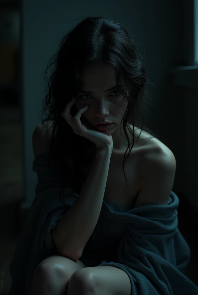 Create an image of a beautiful woman sitting sad in the dark but being able to see her