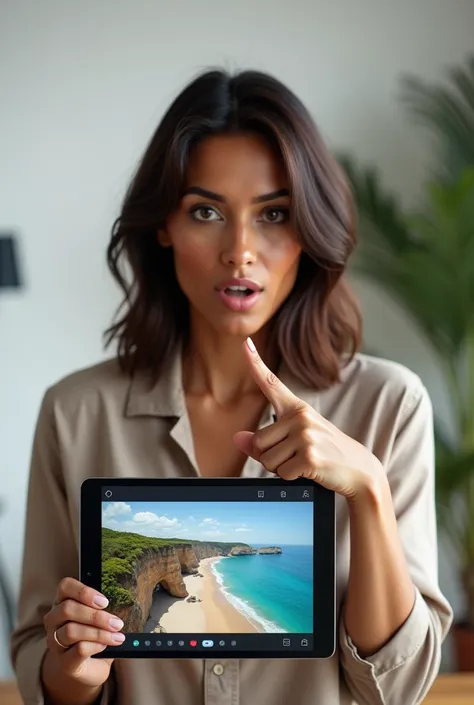 A 40-year-old woman, with dark Brazilian skin and shoulder-length brown hair, is in a modern, well-lit environment. She holds a tablet with both hands, pointing at the screen with one finger, while her expression is one of intrigued surprise, with raised e...