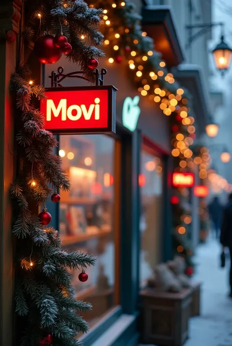 Create an image of a local telephone store that includes Christmas decorations with the Nahotec Movi sign and on the right side of the sign there is an Android device and on the left side an apple logo