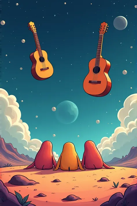 3 ren lying on a planet and 2 acoustic guitars floating in space,  cartoon 