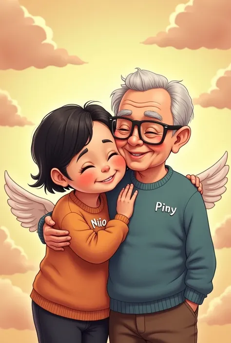 A heartfelt cartoon-style illustration of an elderly couple, Nony and Pito, depicted with love and warmth. Nony has short black hair and is smiling brightly, embracing Pito, who has gray hair and is also smiling warmly. Pito is portrayed with angel wings t...