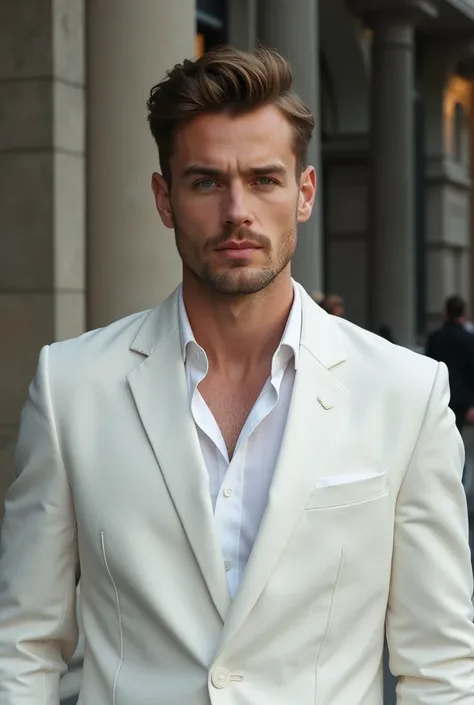  generates a handsome man from Germany he is entertainingly handsome ,  he has a tall stature his eyes are extremely beautiful and attractive,  he wears a white suit ,  Image 4K high definition without grains  