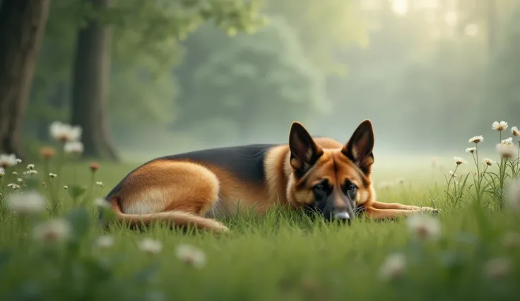 A German Shepherd sleeping in a blurry field. 