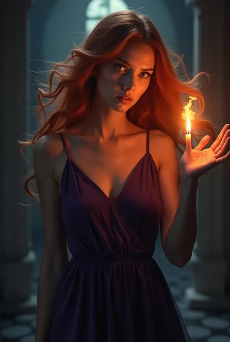 ( top quality :1.3), ( better performance :1.2), ( best illustration :1.2),  (artistic cinematic lighting:1.2) stunning,  a mysterious portrait of a young woman with a captivating look and fire red hair, which, Seems,  dancing around her face .  She is wea...