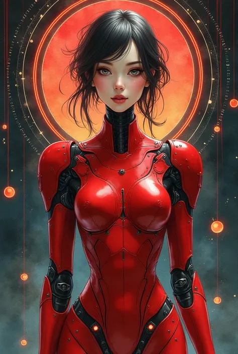 An art nouveau style watercolor image of a very slender female android wearing red metal armor. Druillet style. Enki Bilal. Mesmerizing look. Ornamental dark neonlight background. 