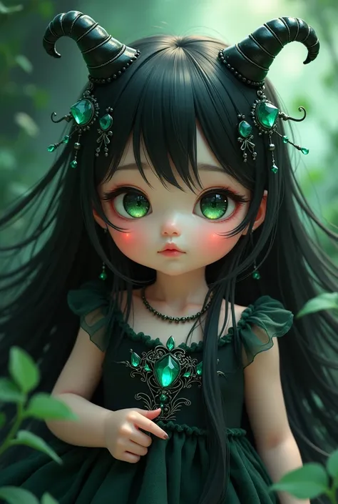  Newborn baby, Asian with long black hair ,  green eyes,  getting two short black horns on her head ,  with a medium pointed black ass.  a black dress with shiny emerald details and an extremely pretty and cute face.  anime style  