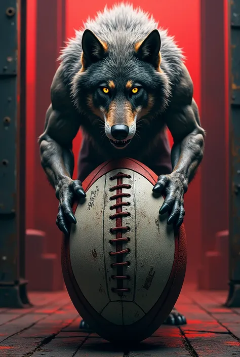 Rugby ball with Wolf and Steel on background with red and Blacka theme