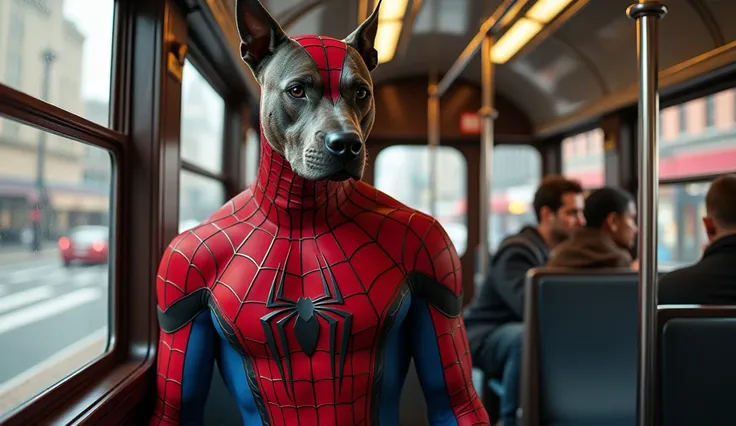 Spider-man +  pitbull : Un  pitbull  humanoide con el disfraz de spiderman ágil y que tiene habilidades de Spider-man, riding a streetcar in the city , ultra realistic and professional images  