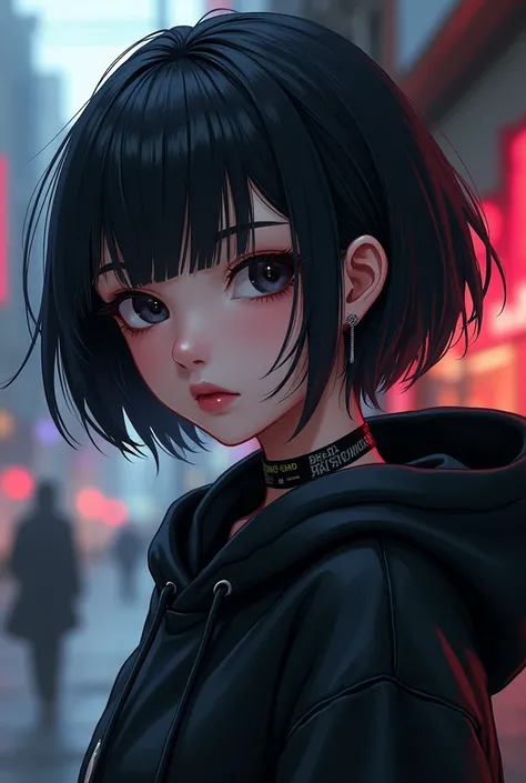 Short bob with slanted straight bangs, black hair, black hoodie, eye color, dark eyes, cute tsundere type, female hip-hop 