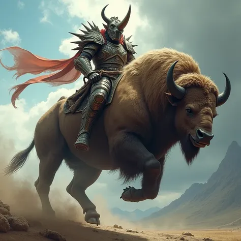 A warrior rhinoceros riding a warrior flying bison 