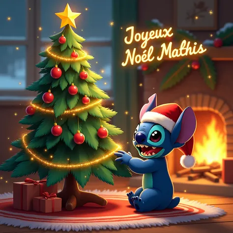 "Highly detailed Christmas illustration. Stitch, wearing a red Santa hat, decorates a glowing Christmas tree adorned with golden garlands and red ornaments, inside a cozy living room. In the background, a crackling fireplace emits a warm light, and a windo...