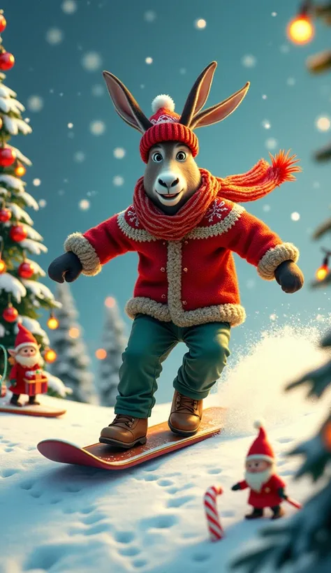  An anthropomorphic donkey makes an impressive descent on a snowboard ,  capturing the sporty and festive spirit of Christmas .  He wears a warm costume and elegant Christmas theme :  a red and white knitted coat adorned with snowflakes ,  combined with so...