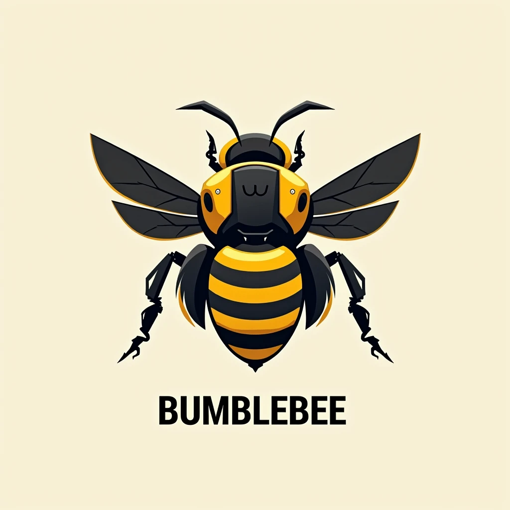 Bumblebee , robot, logo, only black and yellow, print "BumbleBee" text, without background.