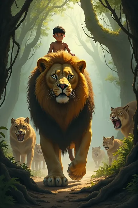 A small boy on the back of a big golden lion walking in the midst of dangerous wild beasts seeking to devour the boy. The lion protects the boy in the forest