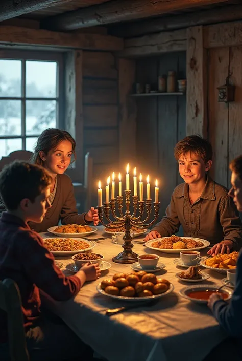  A family consisting of an adult male ,  an adult woman and a  . They are all poor and Jewish ,  are gathered around a banquet with lots of food and table seats left over, And a Hanukkiah in the center of the table ,  the house is an old cabin .  In the pa...