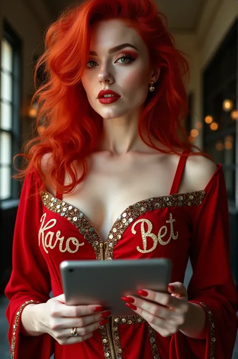  a beautiful and sexy woman with white skin ,Red colored hair, striking makeup,  dressed in a decorated jumpsuit , but as if she were a Santa Claus , long nails matching her clothing ,que diga KARO BET in golden color por su ropa, and in your hand a tablet...