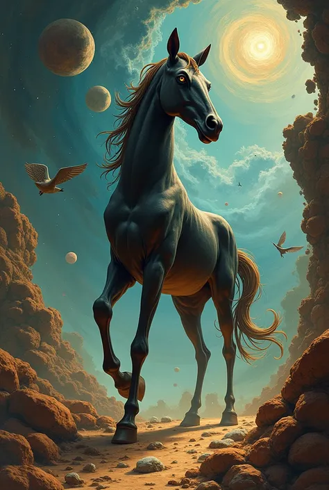  A centaur in shades of black and gray related to the sign of Sagittarius, psychedelic and surreal Salvador Dalí style 