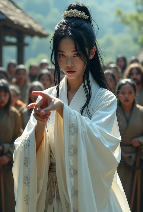 A beautiful white woman with black hair wearing a white royal outfit with irregular hair random random pointing at the villagers 