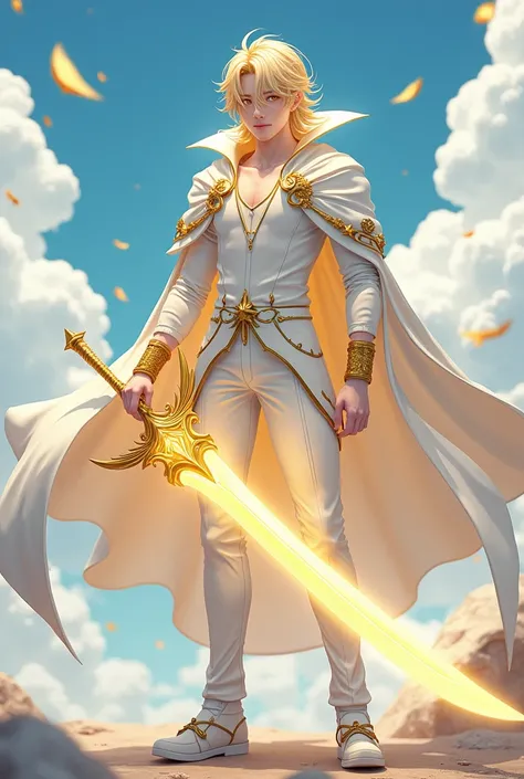 handsome anime guy with blonde hair, yellow eyes, white shirt, white gold cape, white pants, white gold long boots, golden jewelry, white golden belt, star crown, holding gold glowing sword, sky background, 3d art,