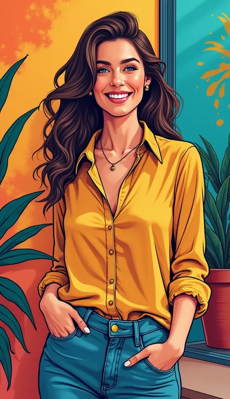 A discreet and casual image of an adult American woman in comic book style, smiling and appearing happy. She is dressed in casual and tasteful clothing, such as a blouse and jeans, with an approachable and friendly appearance. The background is vibrant and...