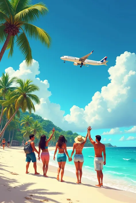  create an advertising poster showing the beaches of the Dominican Republic, a plane flying over and people looking up and greeting 