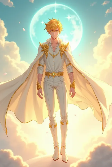 handsome anime guy with blonde hair, yellow eyes, white shirt, white gold cape, white pants, white gold high heel boots, golden jewelry, white golden belt, sky background,